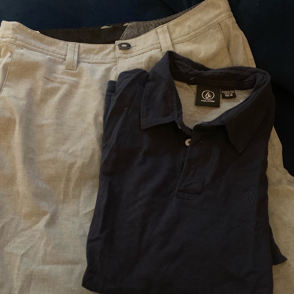 Boys XL Volcom Navy Polo and Grey Shorts Worn 1x